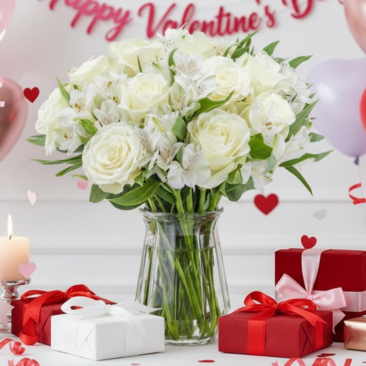 Benchmark Bouquets - Charming Roses & Alstroemeria (Glass Vase Included) - Fresh Flowers for Delivery - Gift for Graduation, Birthday, Anniversary, Sympathy, Get Well, Congratulations