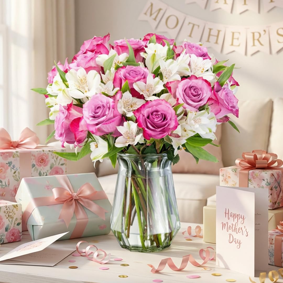 Benchmark Bouquets - Charming Roses & Alstroemeria (Glass Vase Included) - Fresh Flowers for Delivery - Gift for Graduation, Birthday, Anniversary, Sympathy, Get Well, Congratulations
