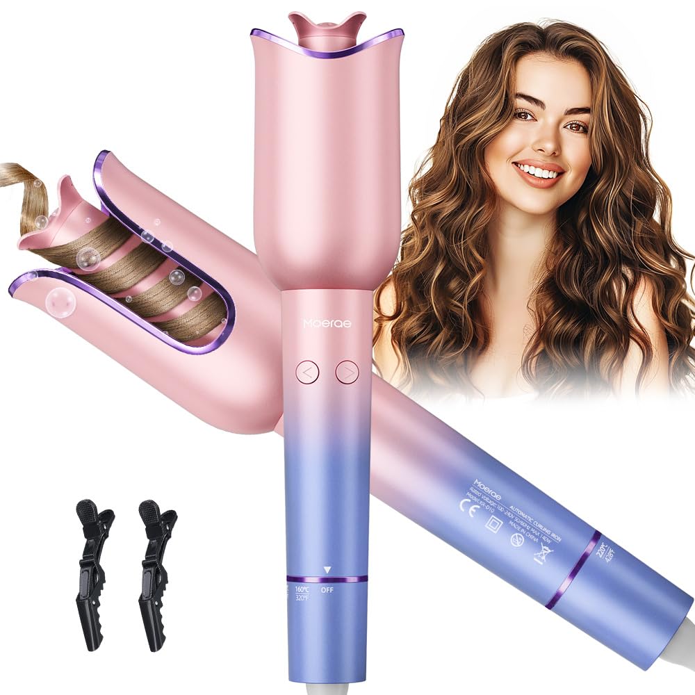 Automatic Curling Iron, Auto Hair Curler with 1" Rotating Curling Iron Barrel & 3 Temps, Anti-Scald & Anti-Tangle Hair Curler Wand, Fast Heating Auto Curler, Purple Pink