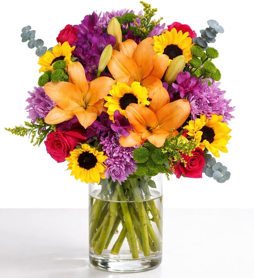 BloomsyBox – Bright Moments (Glass Vase Included) – Fresh Flowers for Delivery – Special for Birthday, Anniversary, Get Well, Congratulations, Wedding