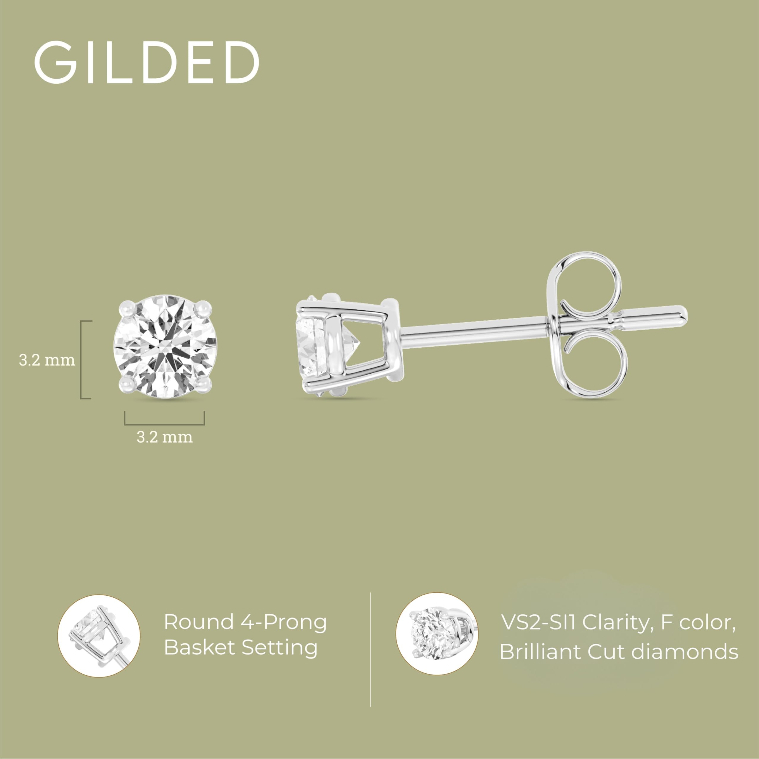 Gilded Lab-Grown Diamond 10KT White Gold and 10KT Yellow Gold Stud Earrings for Women| Hypoallergenic Fine Gold Jewelry | 4-Prong Basket, Push Back Nut | VS2 SI1 Clarity, F Color, Round Cut | 1/5,1/4,1/3,3/8,1/2,3/4,1,2 Carat Total Weight