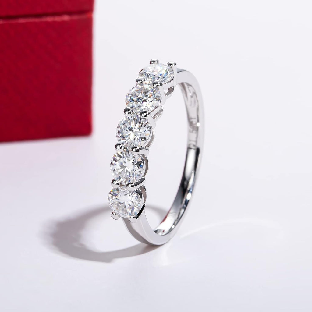 CADYNO 14K White Gold/Yellow Gold Half Eternity Ring, 0.7-1.5 CTTW Moissanite Lab Grown Created Diamond, D Color and VVS, Solid Real Gold Wedding Ring for Women