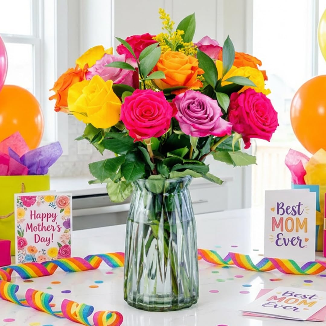 Benchmark Bouquets One Dozen Long Stem Rose Bouquet – Real Fresh Flowers for Delivery – Mother’s Day Roses Assorted Colors – Gifts for Mom, Birthdays & Celebrations – Glass Vase Included