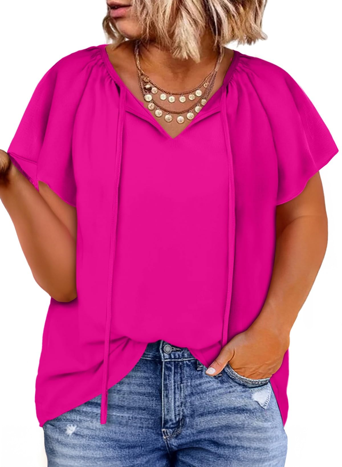 Eytino Women Plus Size Tops Boho Printed V Neck Short Sleeve Drawstring Casual Chiffon Shirts Blouse(1X-5X)