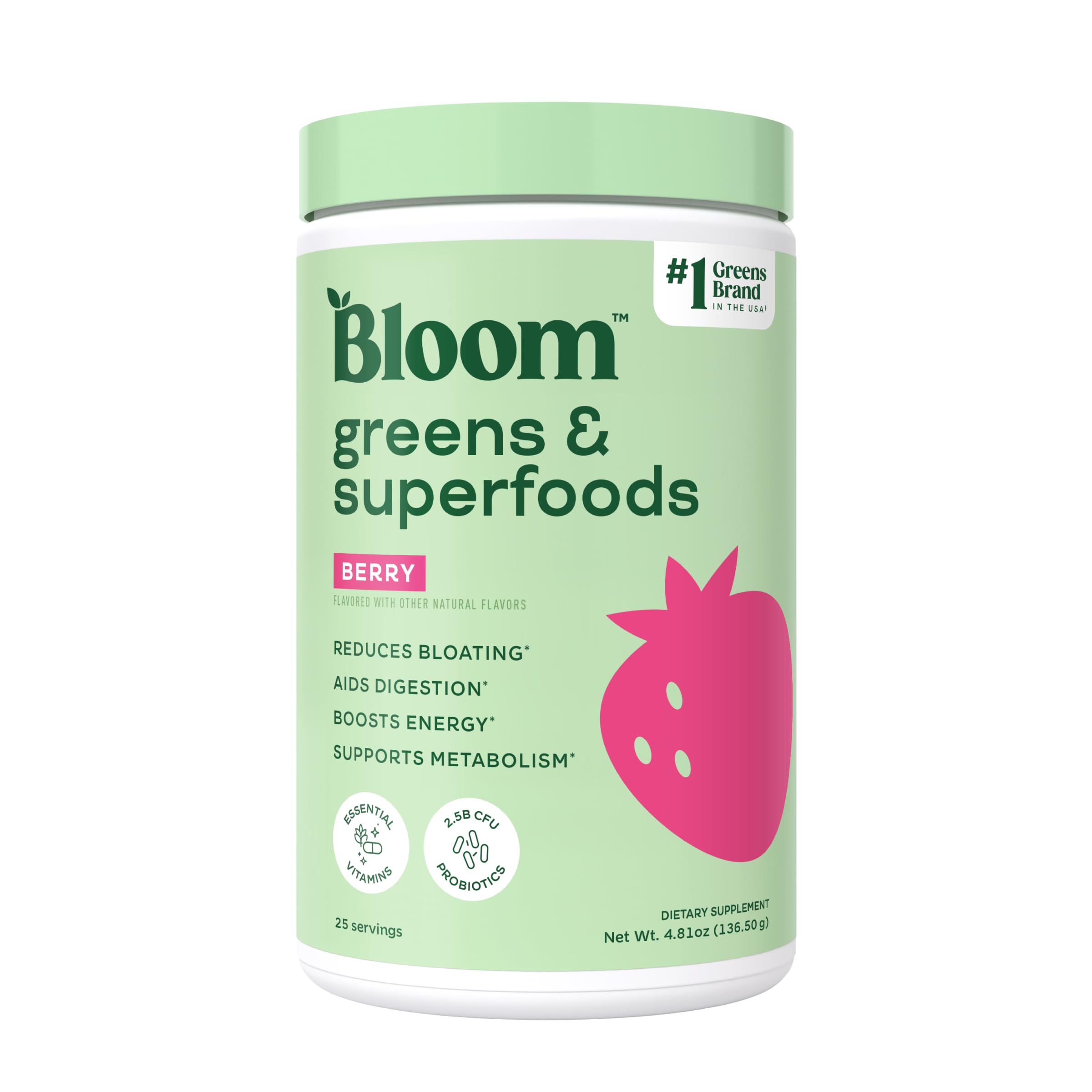 Bloom Nutrition Greens and Superfoods Powder for Digestive Health, Greens Powder, Digestive Enzymes, Probiotics, Spirulina, Chlorella for Bloating & Gut Support, Green Juice, 30 SVG, Strawberry Kiwi