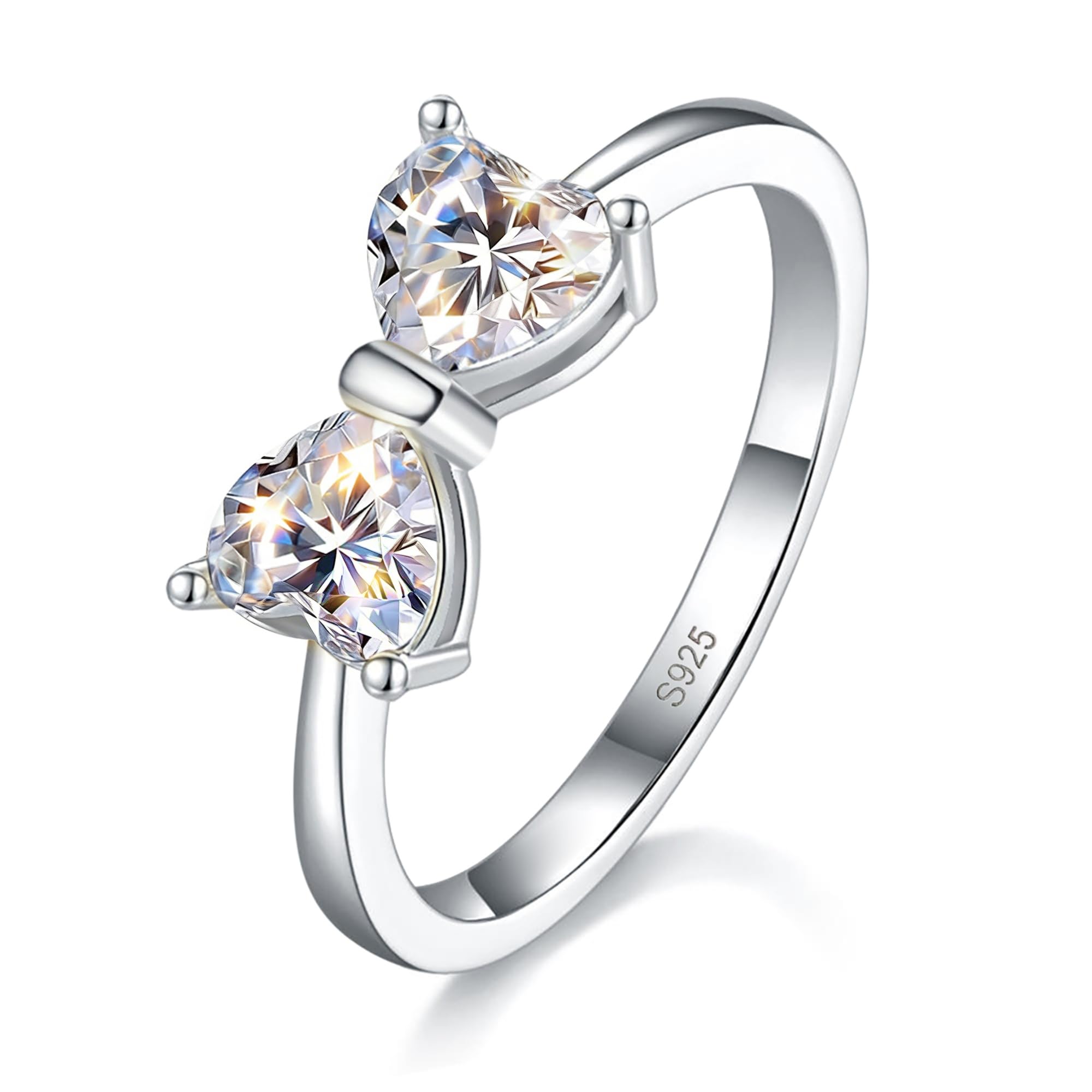 Moissanite Engagement Ring for Women, 1.6CT Two Heart Shaped Bow Ring, S925 Sterling Silver 18K White Gold Plated Stackable Infinity Wedding Band Travel Ring for Her