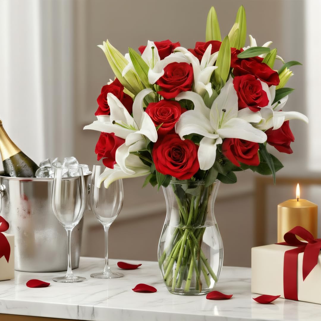 Benchmark Bouquets Oriental Lily & Pink Rose Bouquet – Real Fresh Flowers for Delivery – Mothers Day Flowers for Mom – Long Stem Roses Fragrant Lilies – Gifts for Mom & Mother-in-Law – Vase Included