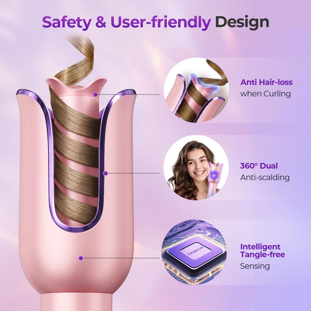 Automatic Curling Iron, Auto Hair Curler with 1" Rotating Curling Iron Barrel & 3 Temps, Anti-Scald & Anti-Tangle Hair Curler Wand, Fast Heating Auto Curler, Purple Pink
