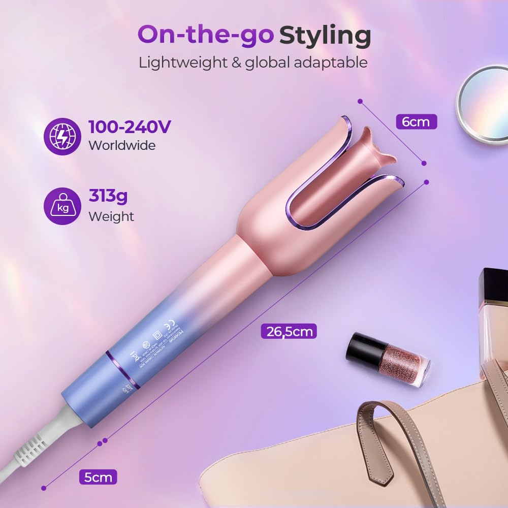 Automatic Curling Iron, Auto Hair Curler with 1" Rotating Curling Iron Barrel & 3 Temps, Anti-Scald & Anti-Tangle Hair Curler Wand, Fast Heating Auto Curler, Purple Pink