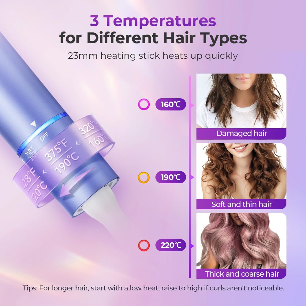 Automatic Curling Iron, Auto Hair Curler with 1" Rotating Curling Iron Barrel & 3 Temps, Anti-Scald & Anti-Tangle Hair Curler Wand, Fast Heating Auto Curler, Purple Pink