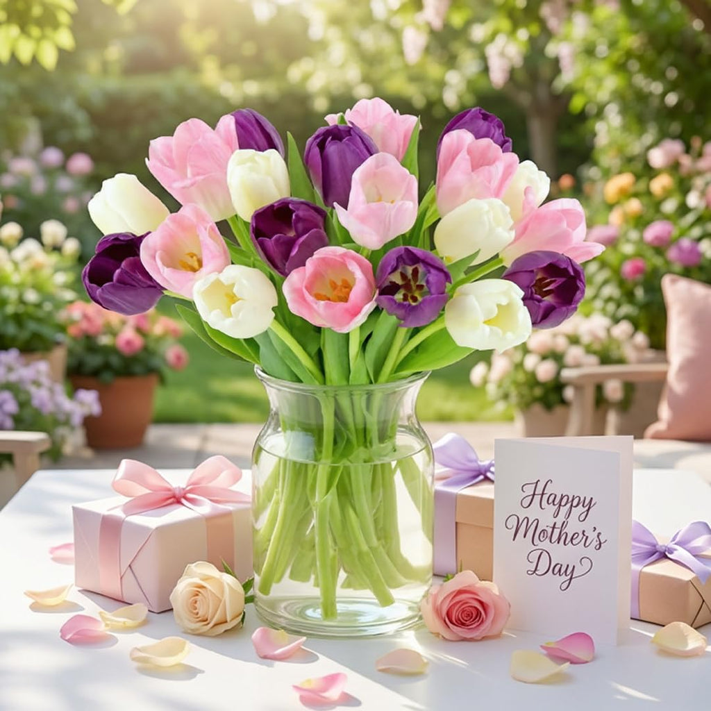 Benchmark Bouquets Pink Tulips – Mothers Day Flowers for Mom – Fresh Flowers for Delivery – Pink Bouquet – Birthday Gifts for Women – Fresh Cut Tulips – Glass Vase Included (20 Stems)