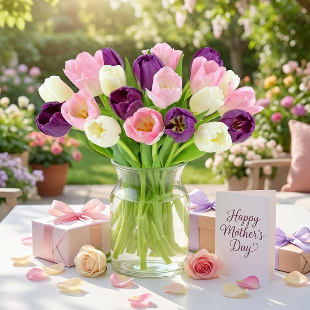 Benchmark Bouquets Pink Tulips – Mothers Day Flowers for Mom – Fresh Flowers for Delivery – Pink Bouquet – Birthday Gifts for Women – Fresh Cut Tulips – Glass Vase Included (20 Stems)