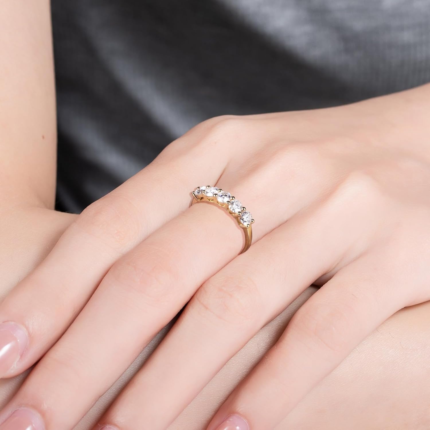 CADYNO 14K White Gold/Yellow Gold Half Eternity Ring, 0.7-1.5 CTTW Moissanite Lab Grown Created Diamond, D Color and VVS, Solid Real Gold Wedding Ring for Women