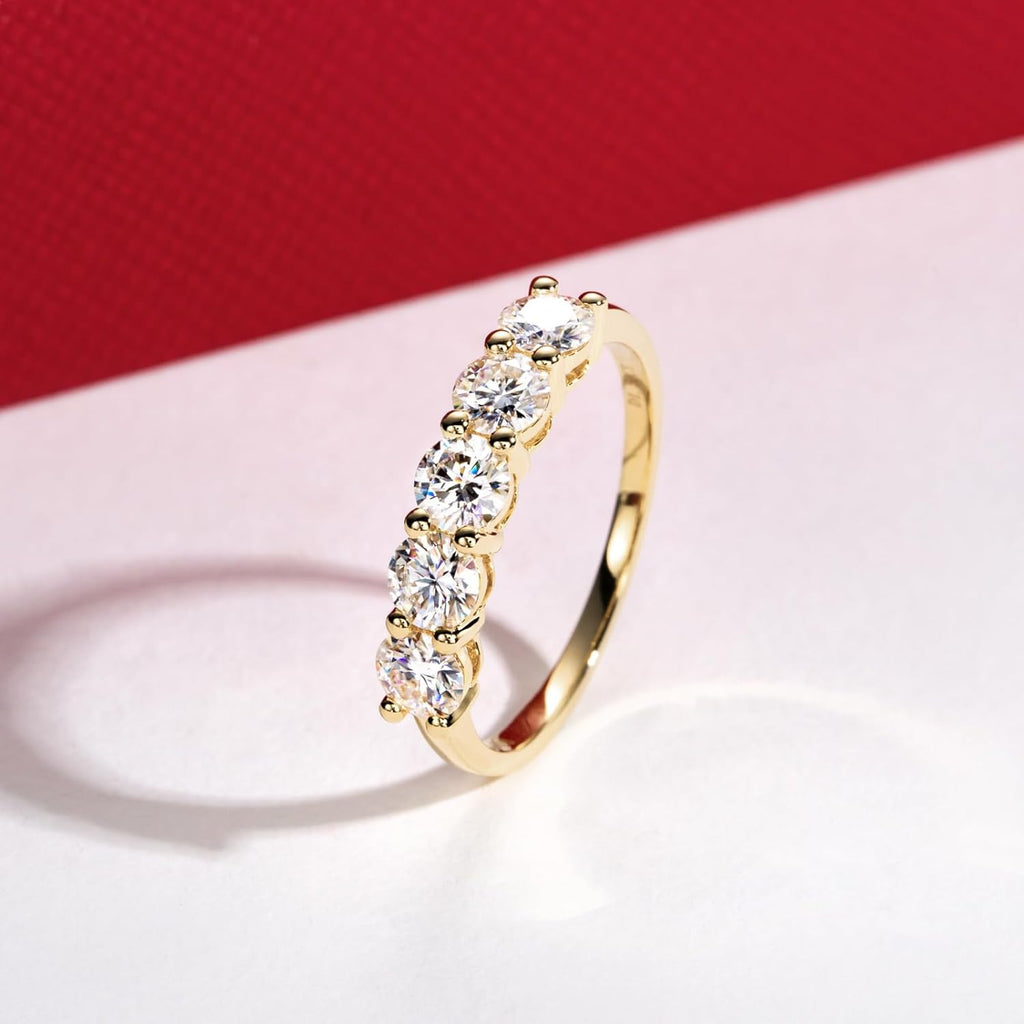 CADYNO 14K White Gold/Yellow Gold Half Eternity Ring, 0.7-1.5 CTTW Moissanite Lab Grown Created Diamond, D Color and VVS, Solid Real Gold Wedding Ring for Women