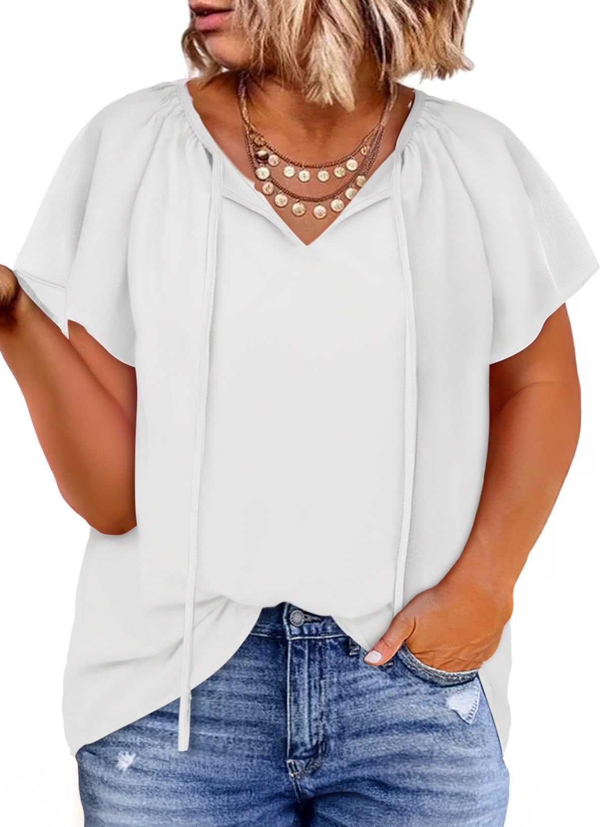 Eytino Women Plus Size Tops Boho Printed V Neck Short Sleeve Drawstring Casual Chiffon Shirts Blouse(1X-5X)