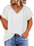 Eytino Women Plus Size Tops Boho Printed V Neck Short Sleeve Drawstring Casual Chiffon Shirts Blouse(1X-5X)