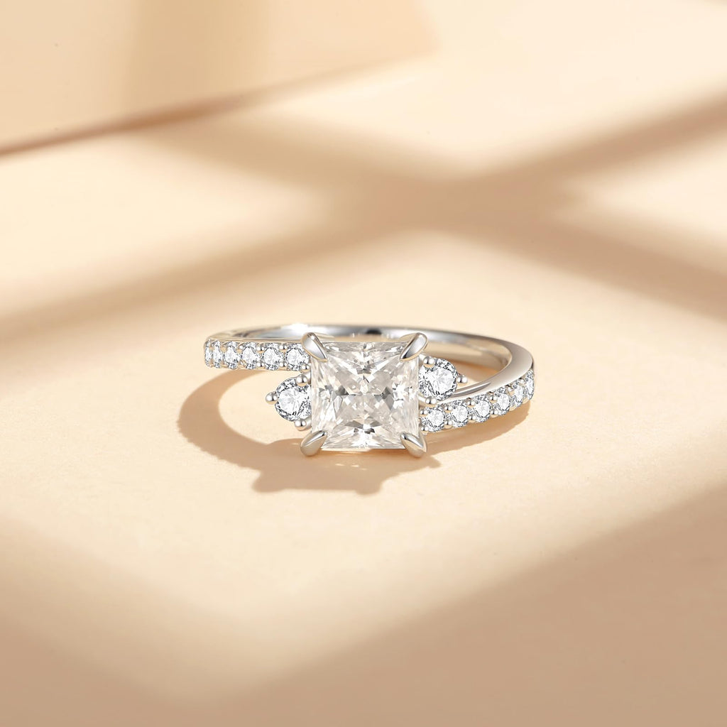Moissanite Engagement Rings for Women,D Color VVS1 Princess Cut Moissanite Ring 925 Sterling Silver Plated 18K White Gold Wedding Ring