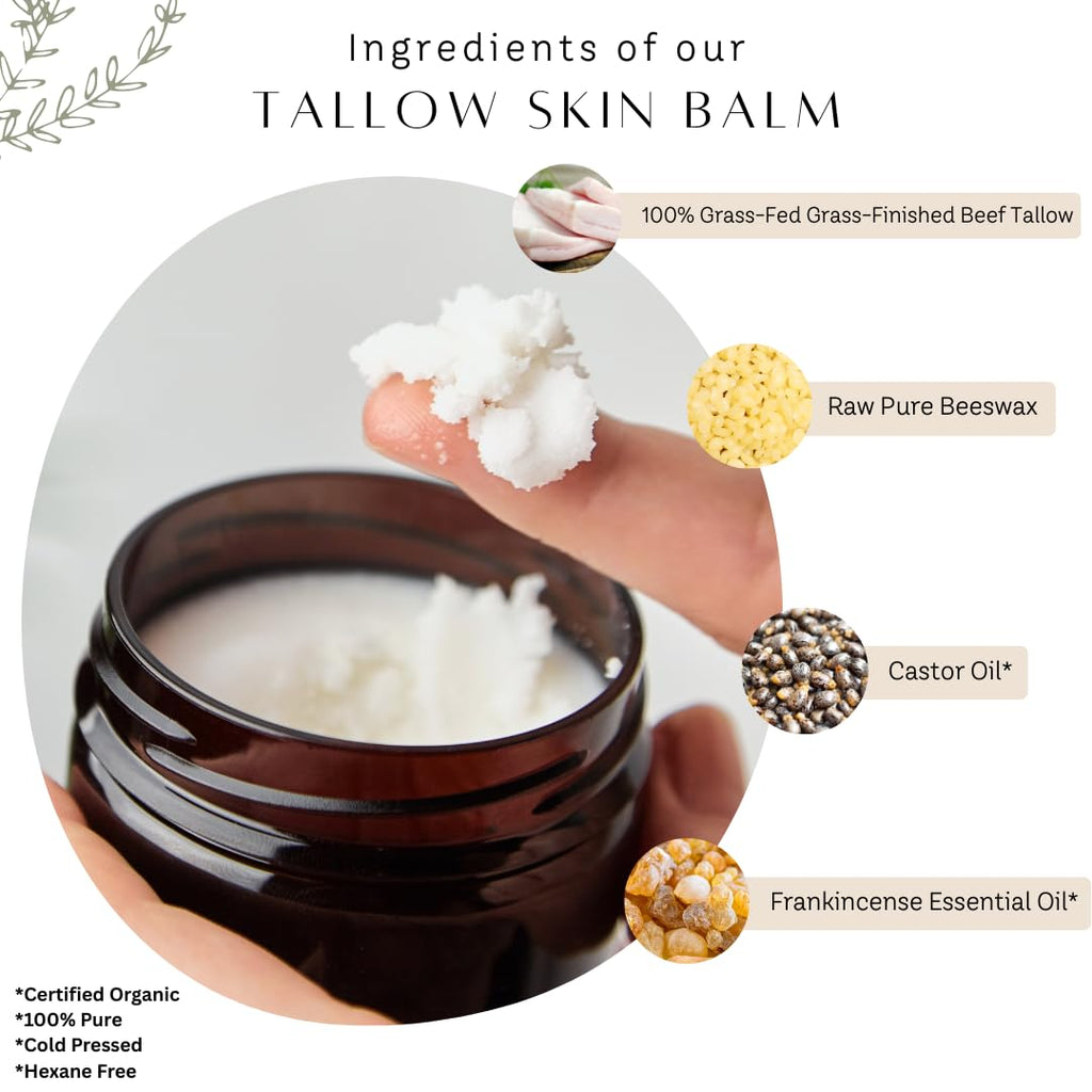 Untamed Organics Handmade Tallow, Castor Oil, and Frankincense Oil Skin Balm - 100% Grass-Fed Tallow for Skin Care - Face & Body Moisturizer for Sensitive Skin, Eczema All-Purpose Balm - 2 FL. oz.