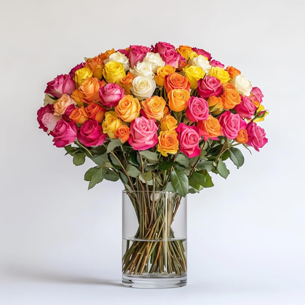 GlobalRose 100 Assorted Roses Bouquet - Responsibly Sourced Roses Fresh Flowers - Hand-Picked Flowers Fresh Bouquet for Mother's Day, Birthday & Special Occasions (4 Bunches of 25 Stems)