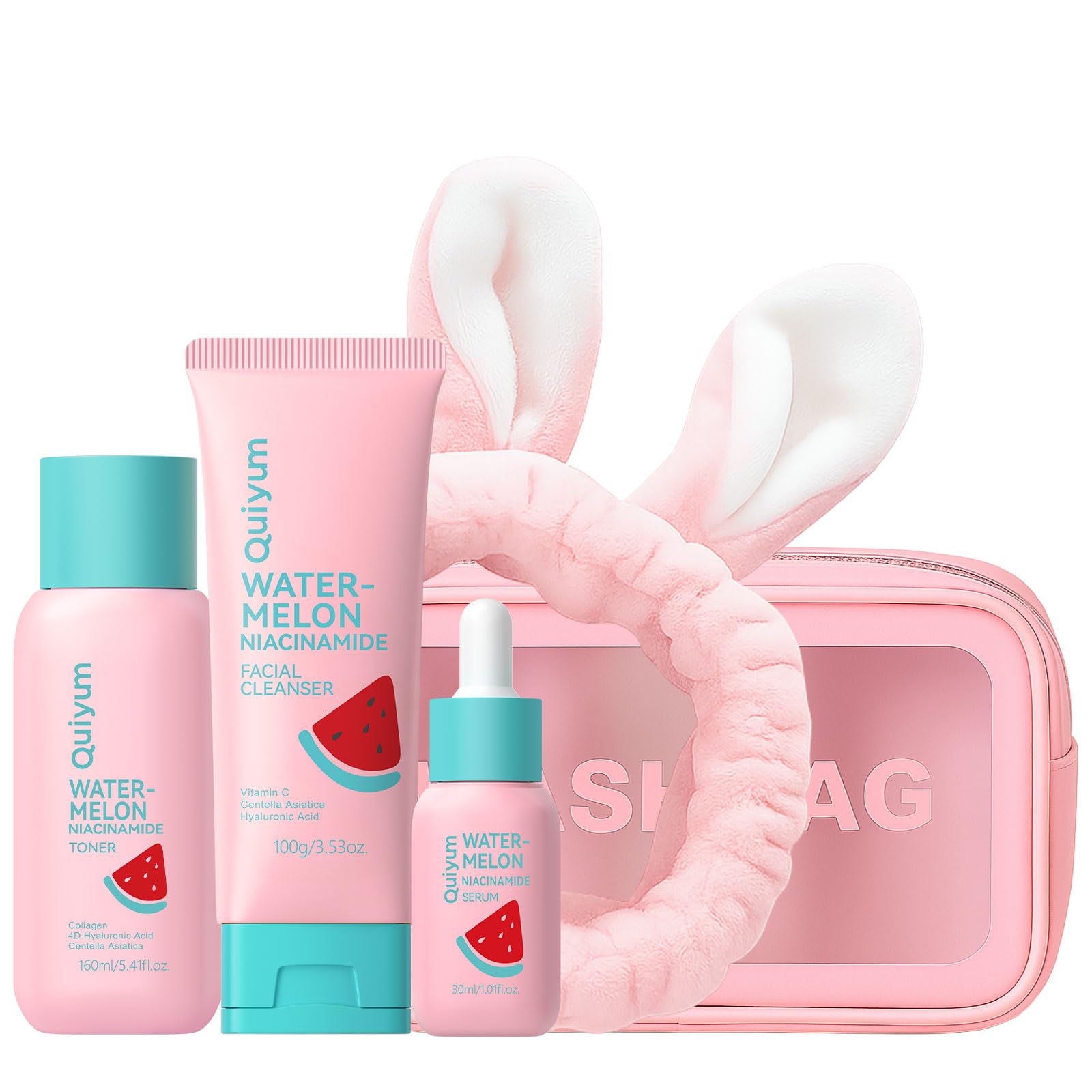 QUIYUM Watermelon Niacinamide Skin Care Set, Routine Beauty Skincare for Teens- Gift Set with Cleanser, Toner, Eye Cream, Cream, Serum, Facial Juicy Glow Up for Women, Girls, for All Skin Types (5PCS)