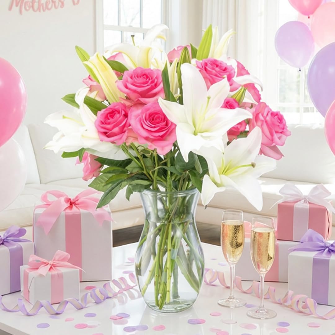 Benchmark Bouquets Oriental Lily & Pink Rose Bouquet – Real Fresh Flowers for Delivery – Mothers Day Flowers for Mom – Long Stem Roses Fragrant Lilies – Gifts for Mom & Mother-in-Law – Vase Included