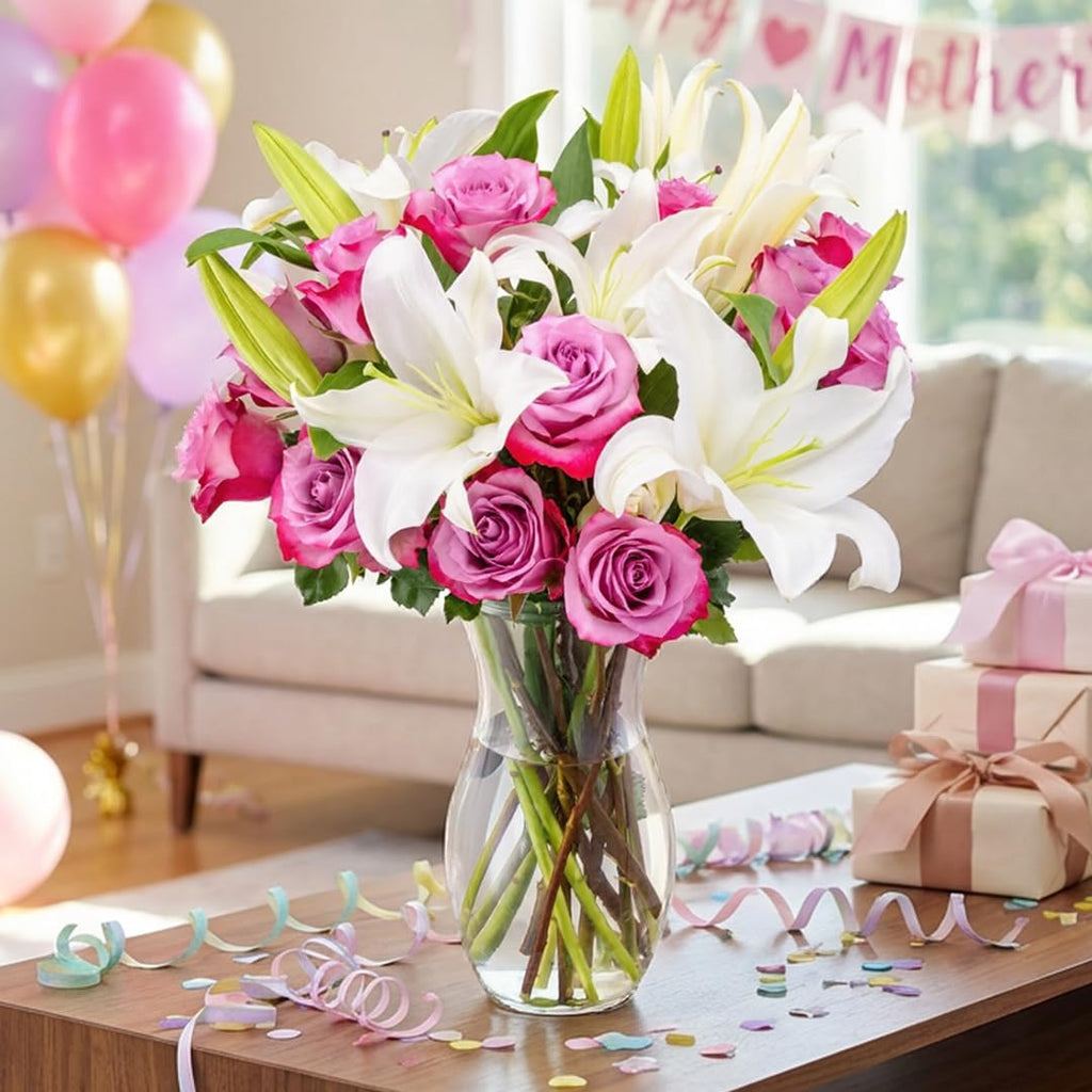 Benchmark Bouquets Oriental Lily & Pink Rose Bouquet – Real Fresh Flowers for Delivery – Mothers Day Flowers for Mom – Long Stem Roses Fragrant Lilies – Gifts for Mom & Mother-in-Law – Vase Included