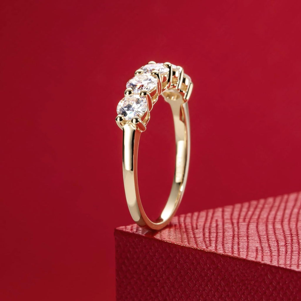 CADYNO 14K White Gold/Yellow Gold Half Eternity Ring, 0.7-1.5 CTTW Moissanite Lab Grown Created Diamond, D Color and VVS, Solid Real Gold Wedding Ring for Women
