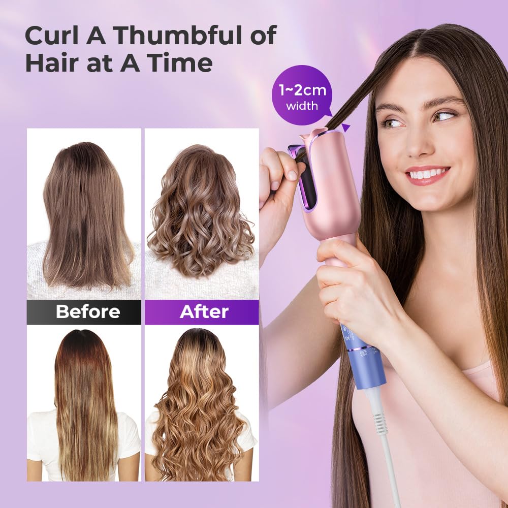 Automatic Curling Iron, Auto Hair Curler with 1" Rotating Curling Iron Barrel & 3 Temps, Anti-Scald & Anti-Tangle Hair Curler Wand, Fast Heating Auto Curler, Purple Pink