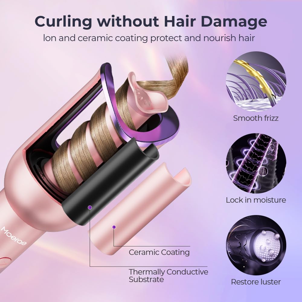 Automatic Curling Iron, Auto Hair Curler with 1" Rotating Curling Iron Barrel & 3 Temps, Anti-Scald & Anti-Tangle Hair Curler Wand, Fast Heating Auto Curler, Purple Pink