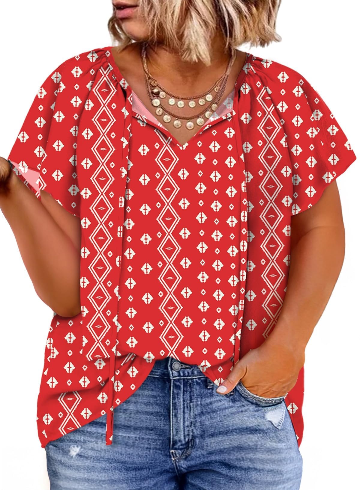 Eytino Women Plus Size Tops Boho Printed V Neck Short Sleeve Drawstring Casual Chiffon Shirts Blouse(1X-5X)