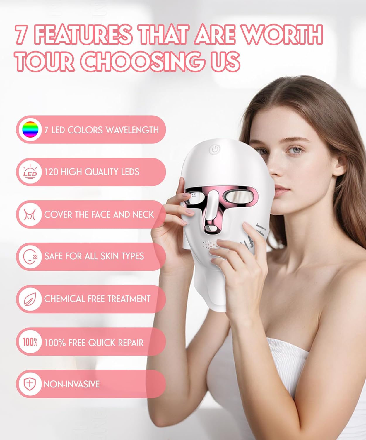 Yahi Red Light Therapy Mask for Face, Cordless 7-in-1 Red Light Mask with 850nm NIR LED Face Mask Light Therapy for Anti-Acne & Anti-Aging, USB-C rechargeable for Use at Home Work Travel, White
