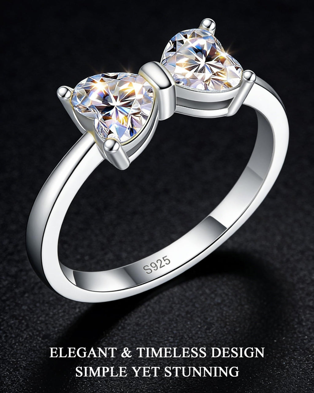 Moissanite Engagement Ring for Women, 1.6CT Two Heart Shaped Bow Ring, S925 Sterling Silver 18K White Gold Plated Stackable Infinity Wedding Band Travel Ring for Her