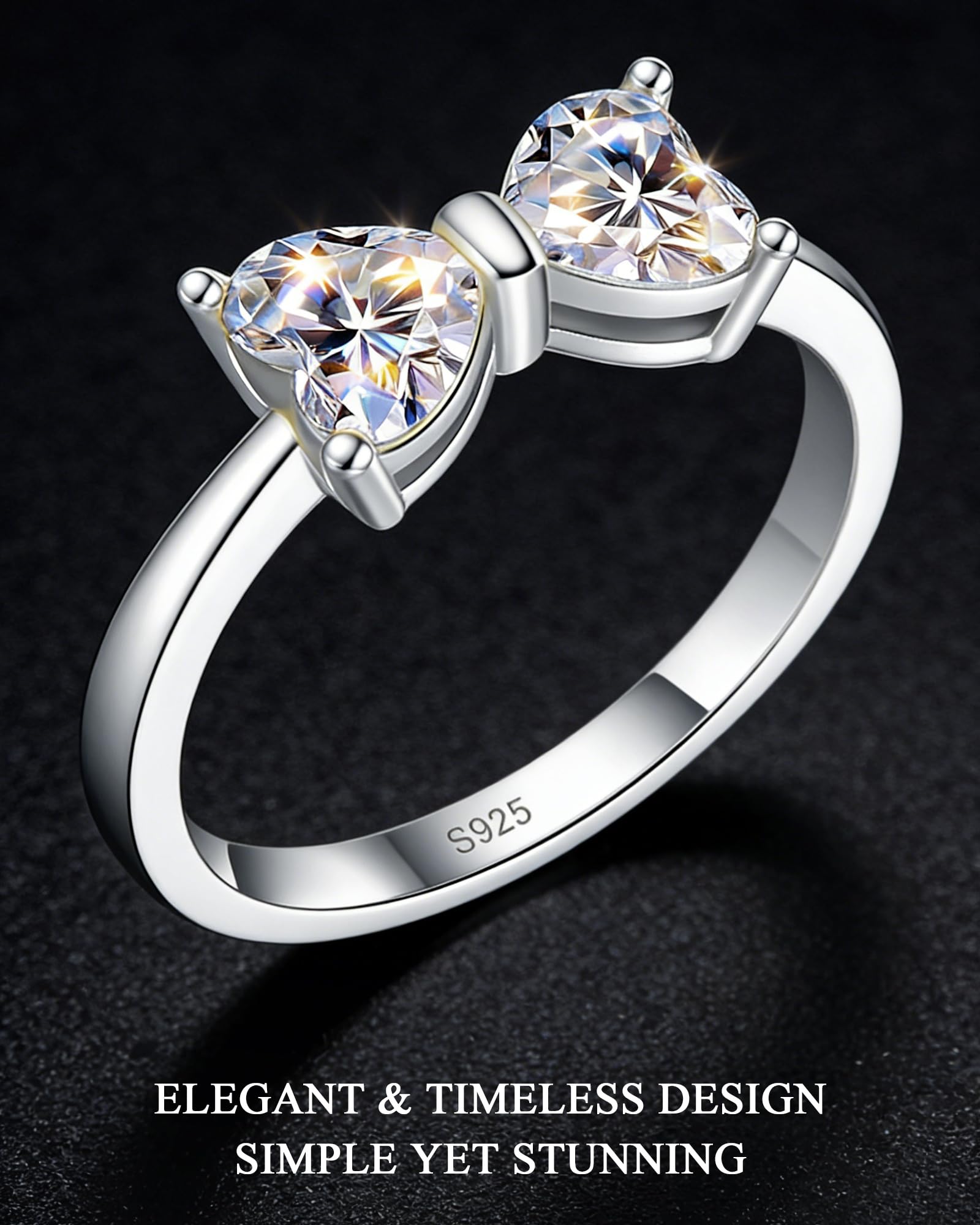 Moissanite Engagement Ring for Women, 1.6CT Two Heart Shaped Bow Ring, S925 Sterling Silver 18K White Gold Plated Stackable Infinity Wedding Band Travel Ring for Her