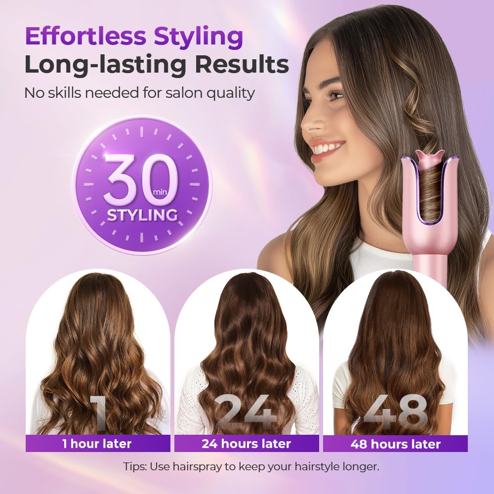 Automatic Curling Iron, Auto Hair Curler with 1" Rotating Curling Iron Barrel & 3 Temps, Anti-Scald & Anti-Tangle Hair Curler Wand, Fast Heating Auto Curler, Purple Pink