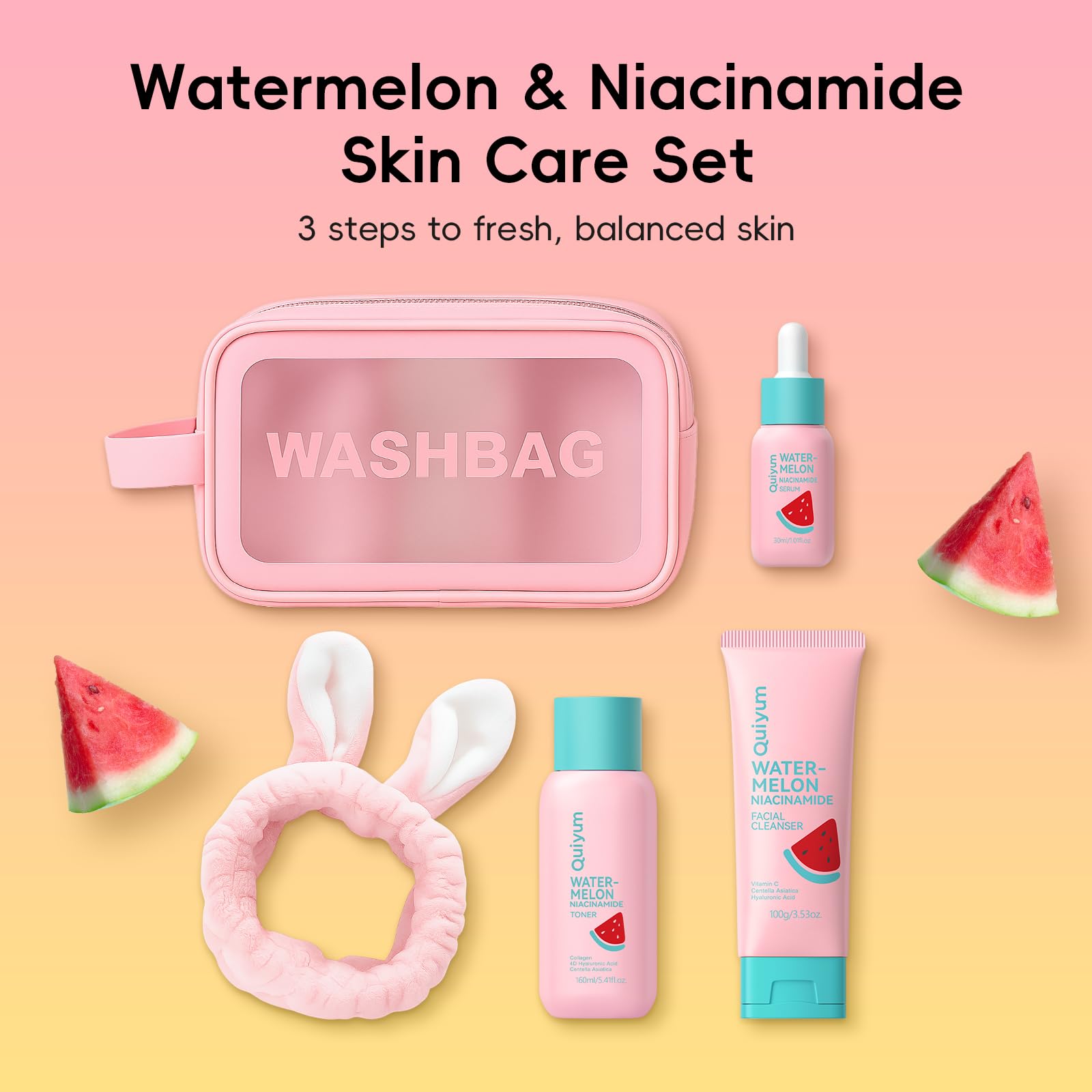 QUIYUM Watermelon Niacinamide Skin Care Set, Routine Beauty Skincare for Teens- Gift Set with Cleanser, Toner, Eye Cream, Cream, Serum, Facial Juicy Glow Up for Women, Girls, for All Skin Types (5PCS)