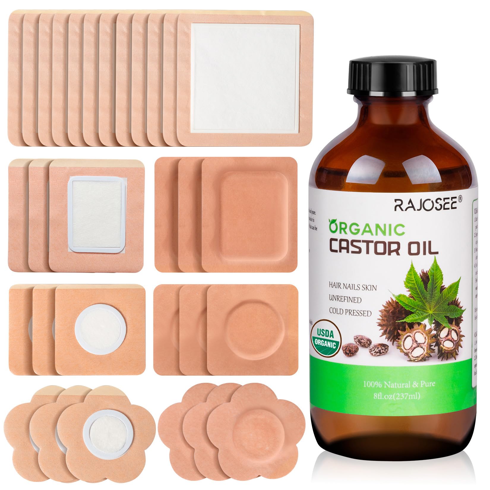 70 Pcs Castor Oil Pack with Castor Oil Organic Cold Pressed Glass Bottle 8oz, Cotton Caster Oil Wrap for Waist Back Neck Arm, Self-Adhesive for Convenient Use
