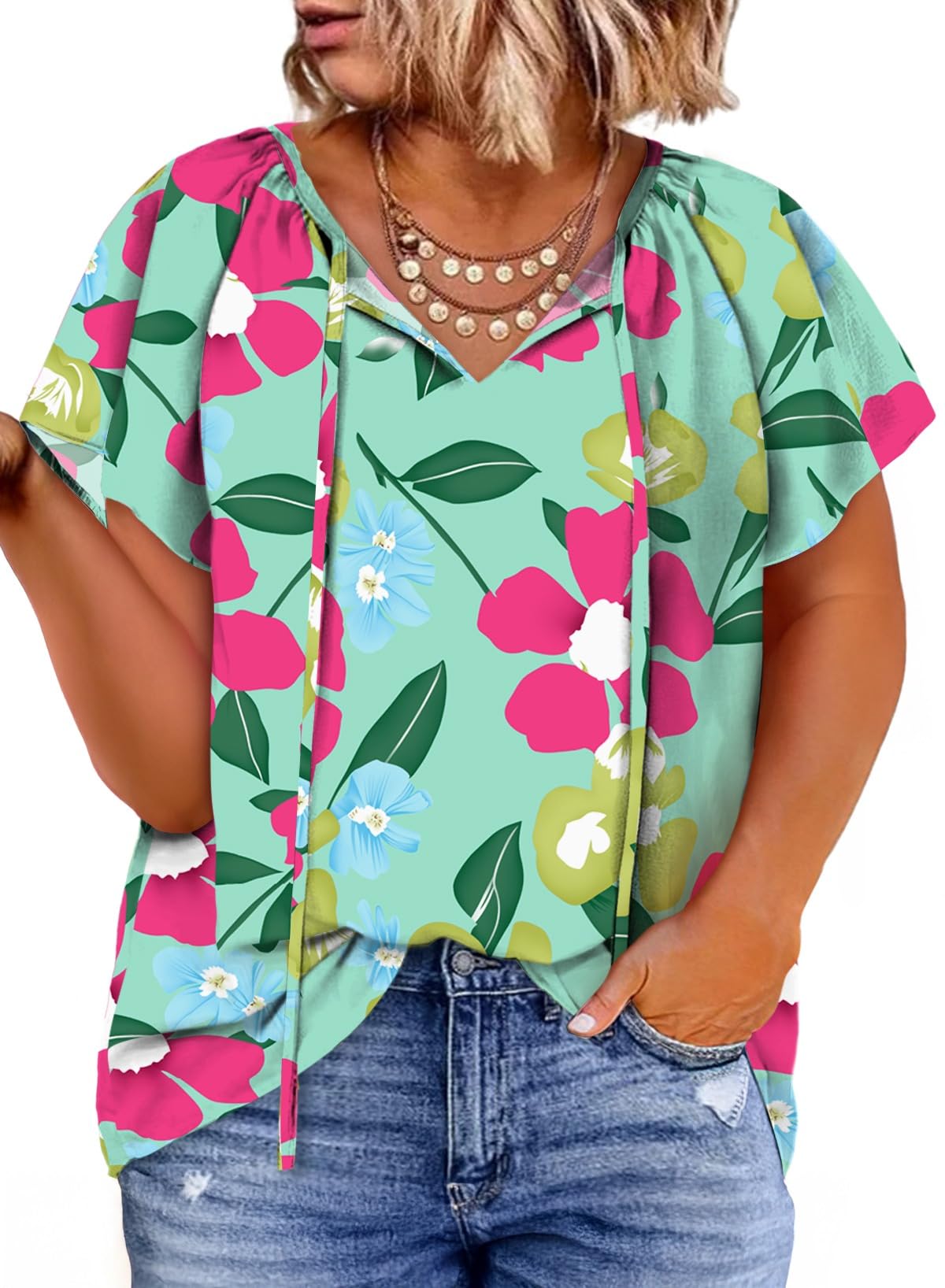 Eytino Women Plus Size Tops Boho Printed V Neck Short Sleeve Drawstring Casual Chiffon Shirts Blouse(1X-5X)
