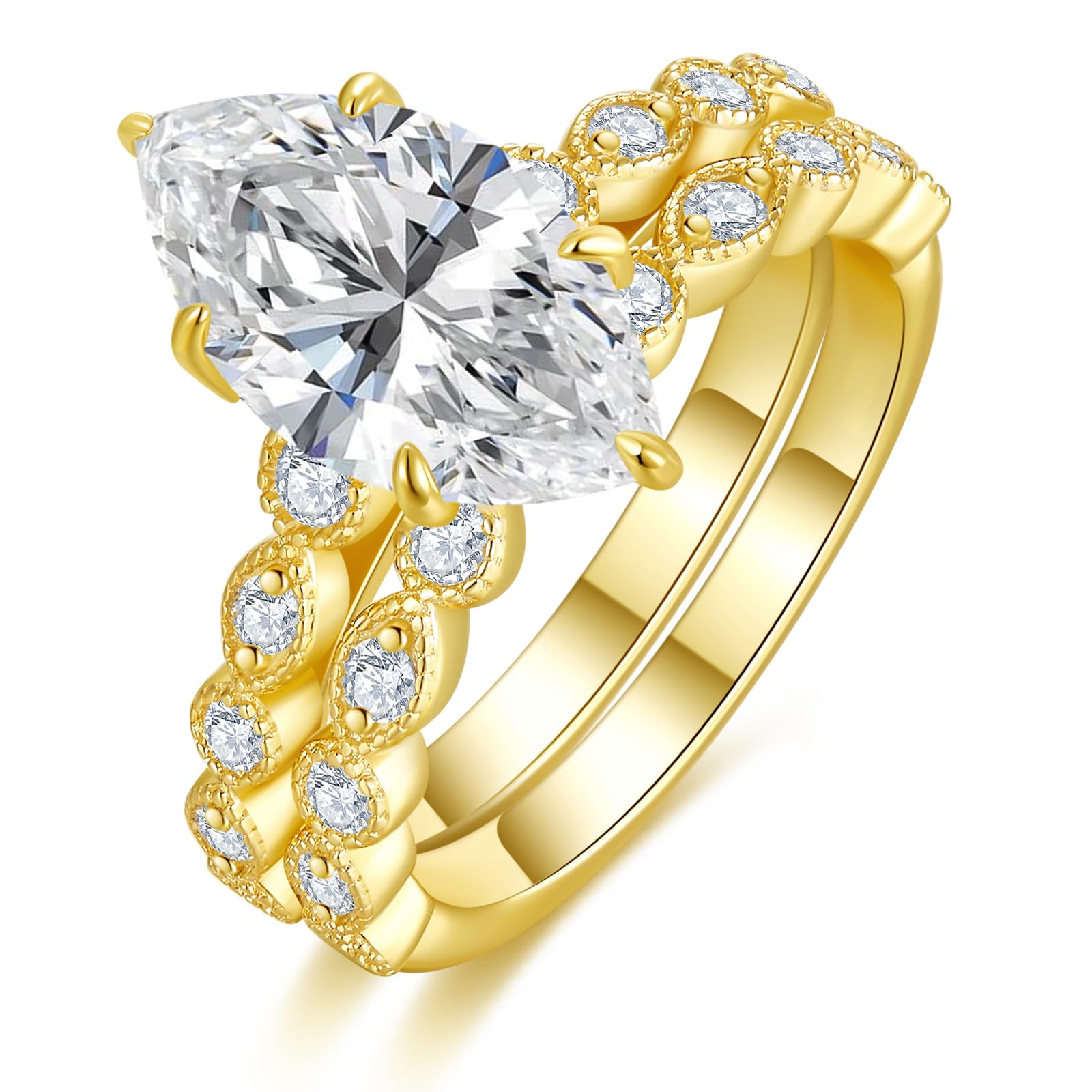 4CT Marquise Cut Moissanite Engagement Ring Set for Women, Vintage Milgrain Design Plated with 14k Gold/White Gold Bridal Ring Set, Anniversary Promise Ring,Size 5-10