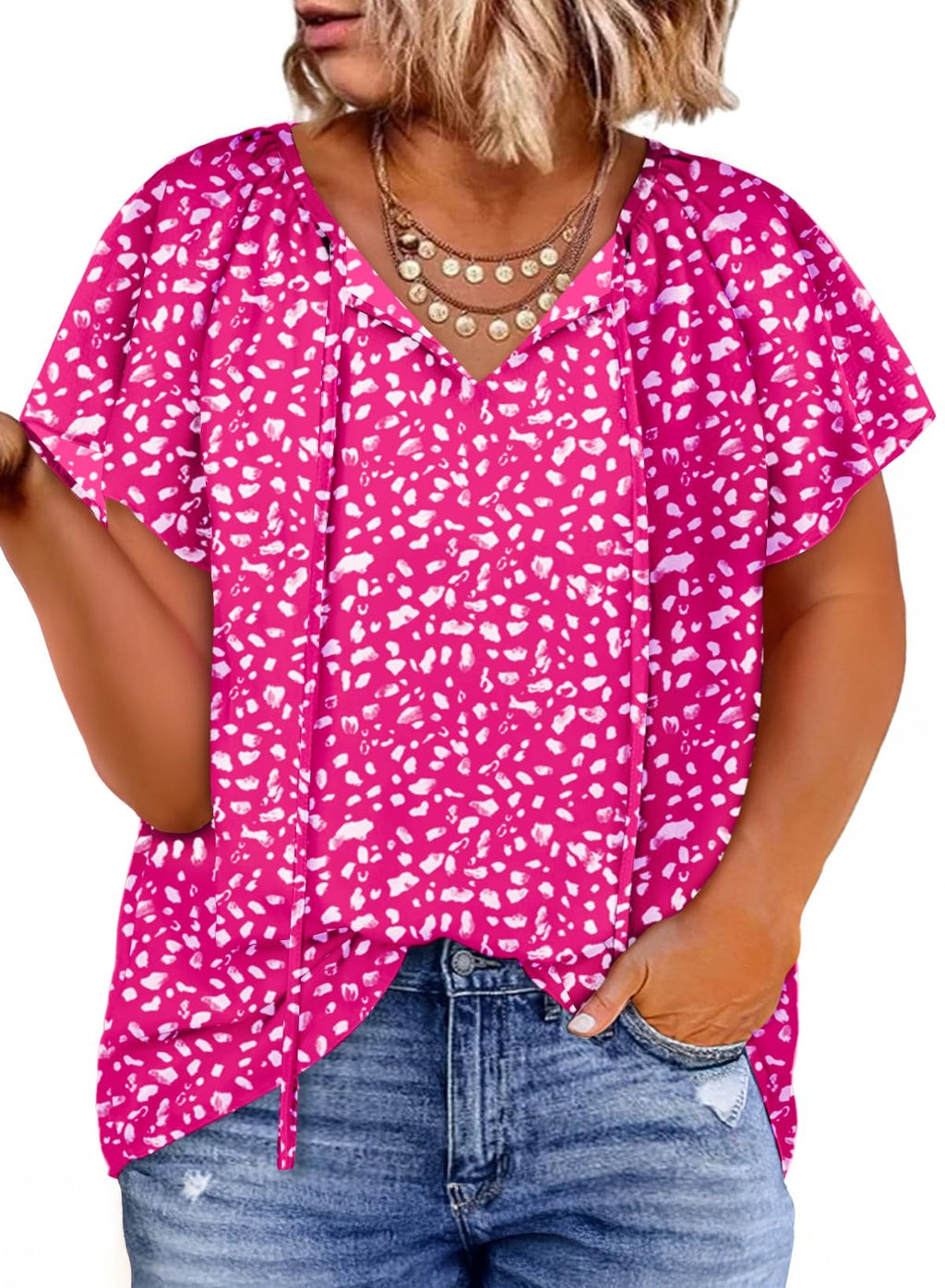 Eytino Women Plus Size Tops Boho Printed V Neck Short Sleeve Drawstring Casual Chiffon Shirts Blouse(1X-5X)