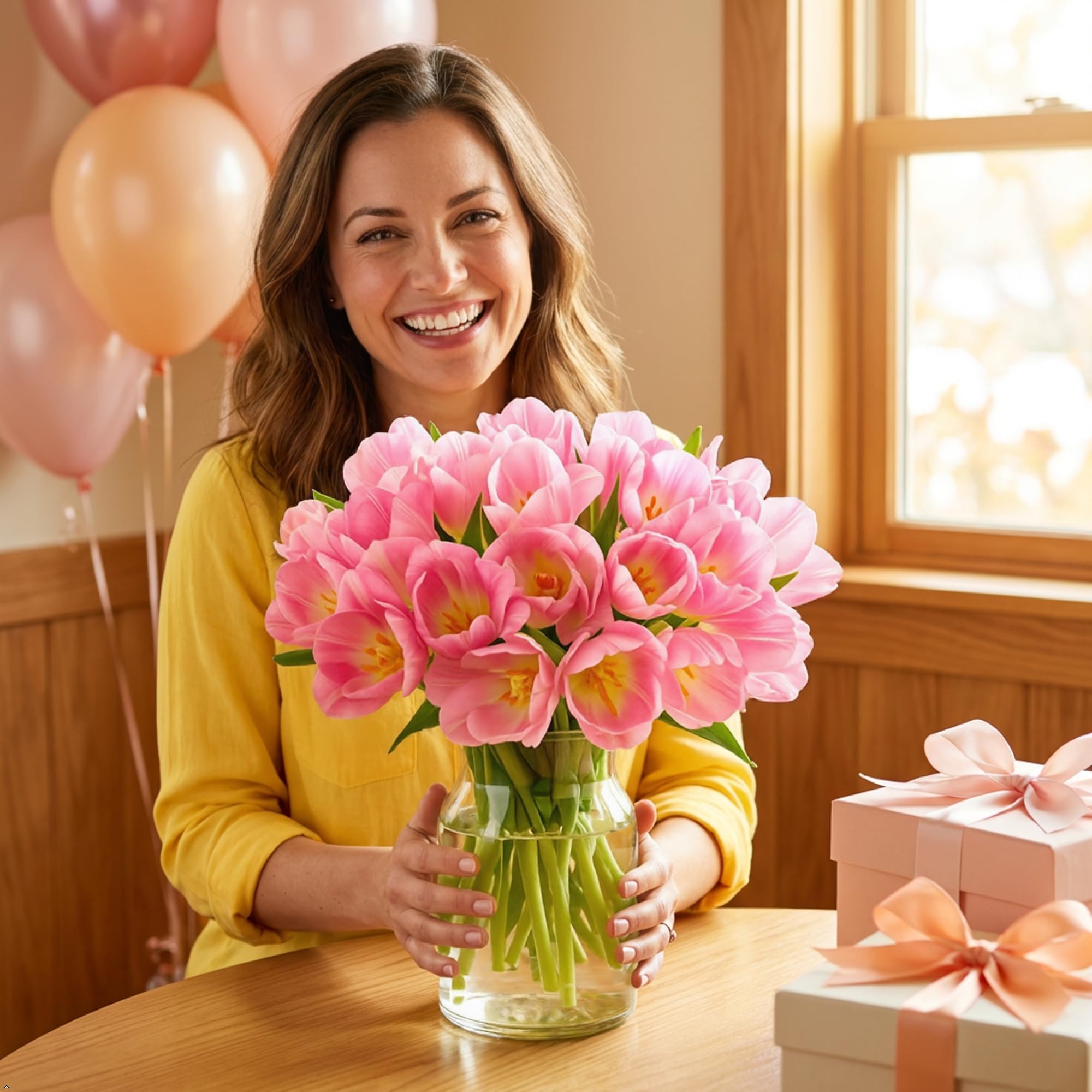 Benchmark Bouquets Pink Tulips – Mothers Day Flowers for Mom – Fresh Flowers for Delivery – Pink Bouquet – Birthday Gifts for Women – Fresh Cut Tulips – Glass Vase Included (20 Stems)