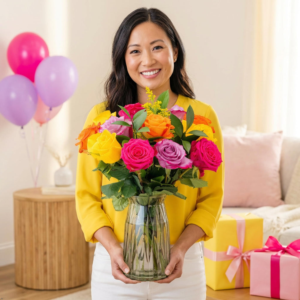 Benchmark Bouquets One Dozen Long Stem Rose Bouquet – Real Fresh Flowers for Delivery – Mother’s Day Roses Assorted Colors – Gifts for Mom, Birthdays & Celebrations – Glass Vase Included