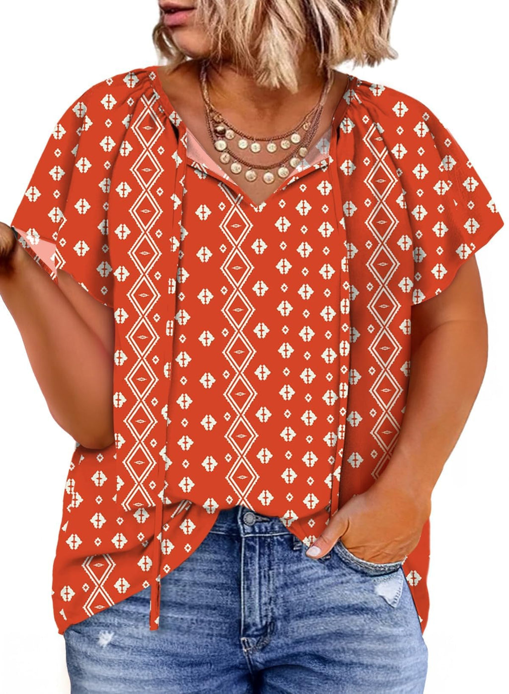 Eytino Women Plus Size Tops Boho Printed V Neck Short Sleeve Drawstring Casual Chiffon Shirts Blouse(1X-5X)