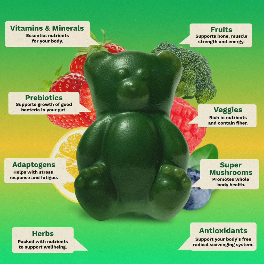 Gruns Adults Super Greens Gummies, Multivitamin Superfood Gummy Bears, Spirulina, Chlorella, Prebiotics & Fiber Gummies for Digestive Health, Adaptogens Supplement, 20 Vitamins & Minerals, 10 Count