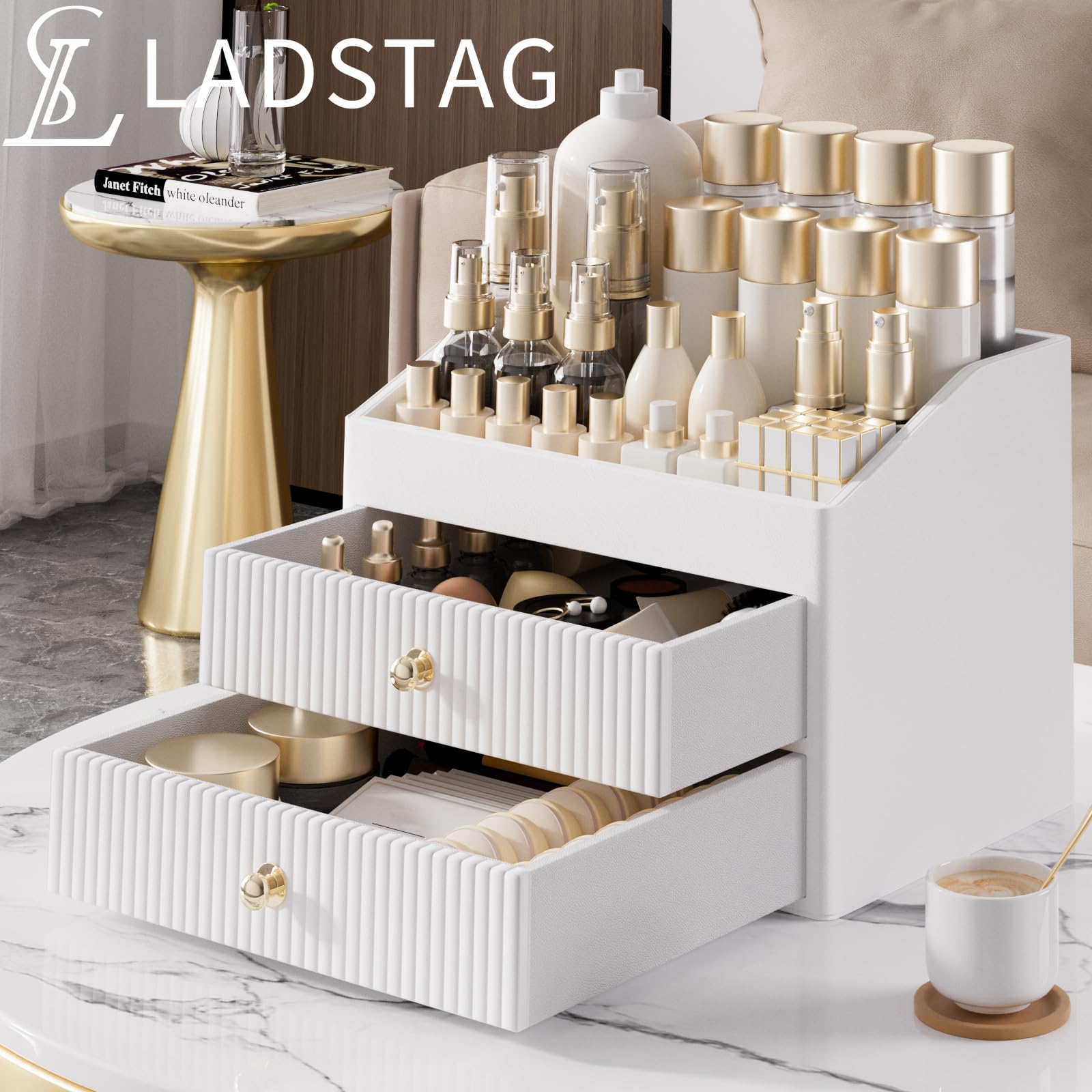 LADSTAG Vanity Organizers,Luxury Skincare Organizer with 3 Tier Drawers,Beige White Large Capacity Cosmetic Organizer Countertop for Makeup Brush,Dresser,Bedroom,Bathroom,Mom Gifts,Mom Birthday Gifts
