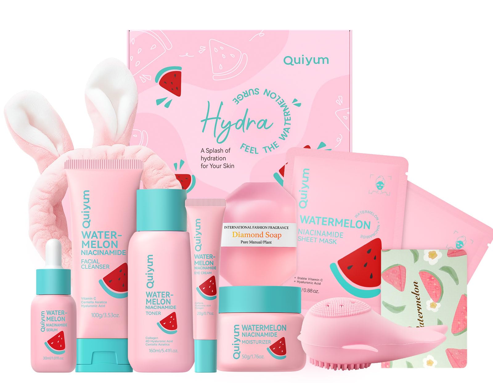 QUIYUM Watermelon Niacinamide Skin Care Set, Routine Beauty Skincare for Teens- Gift Set with Cleanser, Toner, Eye Cream, Cream, Serum, Facial Juicy Glow Up for Women, Girls, for All Skin Types (5PCS)