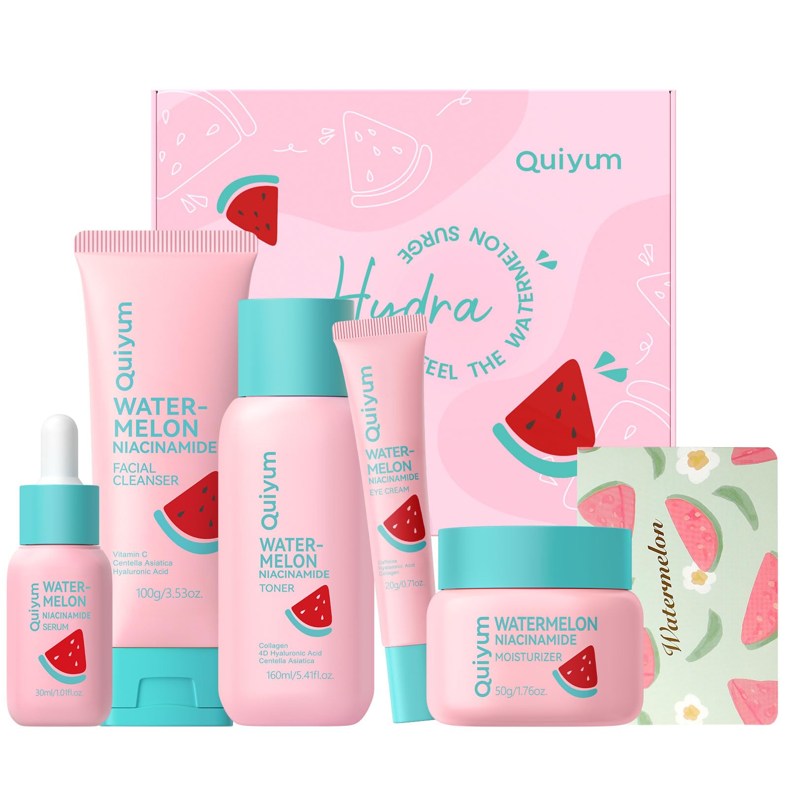 QUIYUM Watermelon Niacinamide Skin Care Set, Routine Beauty Skincare for Teens- Gift Set with Cleanser, Toner, Eye Cream, Cream, Serum, Facial Juicy Glow Up for Women, Girls, for All Skin Types (5PCS)