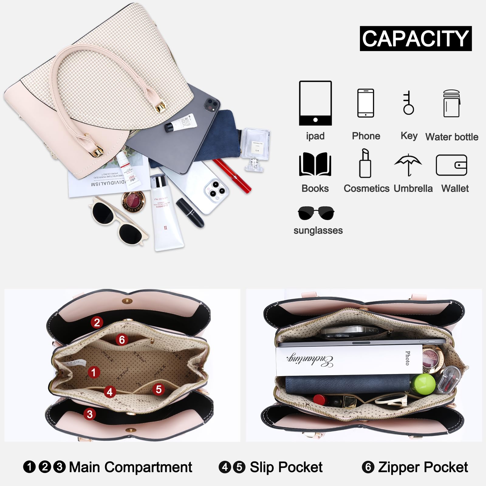 KKXIU Triple Compartments Purses and Handbags for Women Fashion Ladies Satchel Shoulder Top Handle Bag