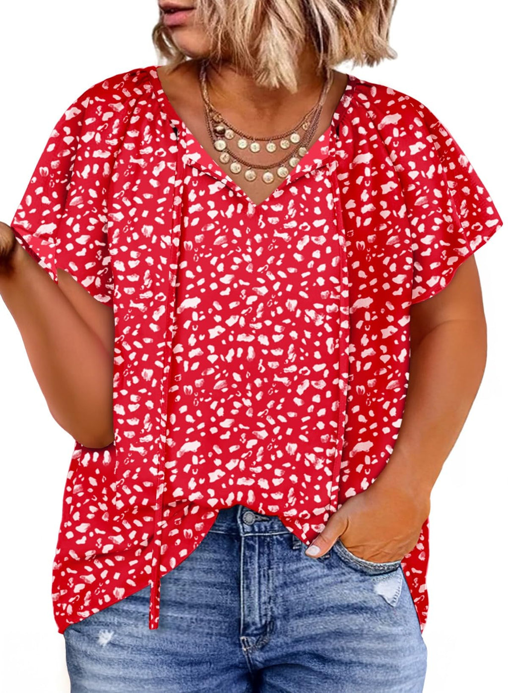Eytino Women Plus Size Tops Boho Printed V Neck Short Sleeve Drawstring Casual Chiffon Shirts Blouse(1X-5X)