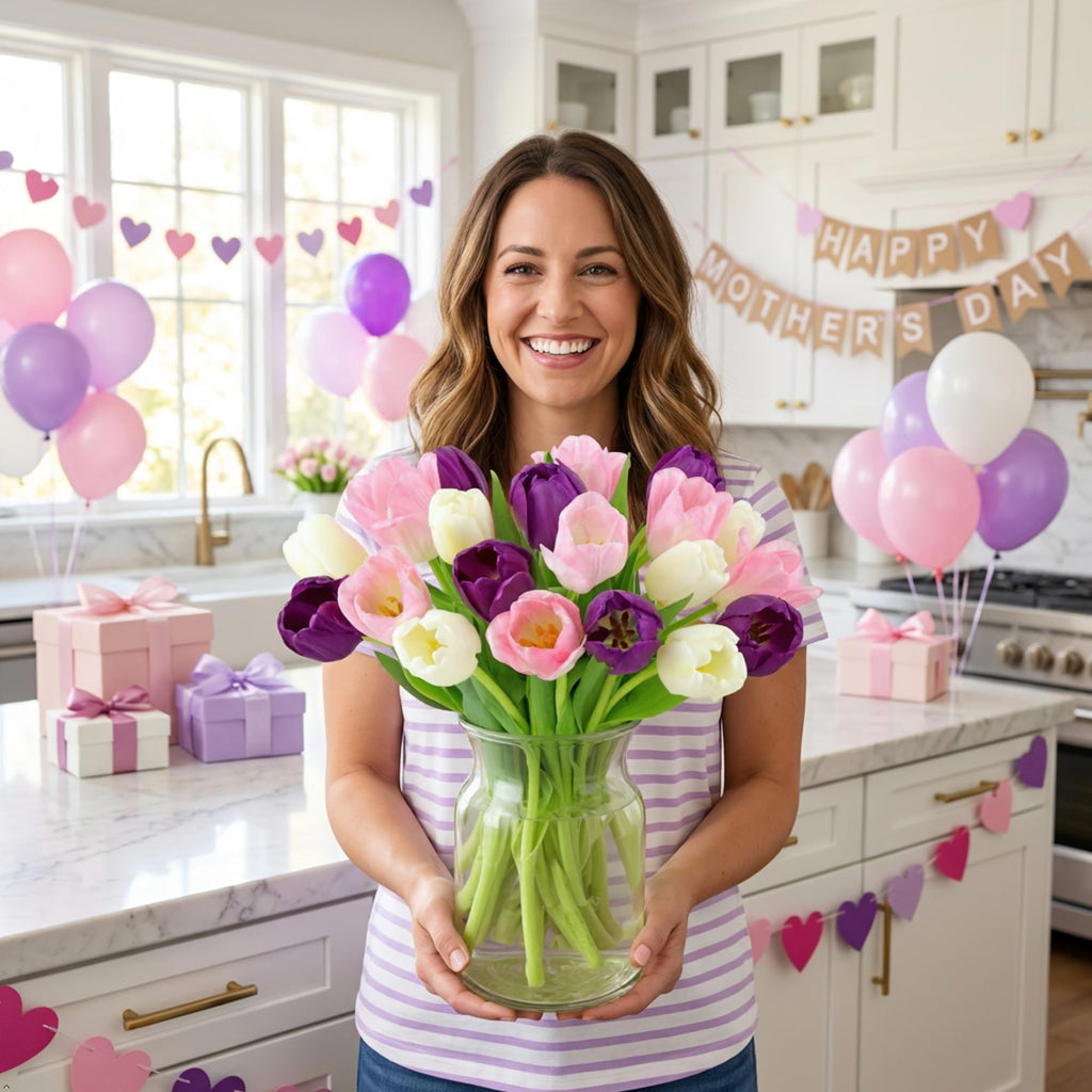 Benchmark Bouquets Pink Tulips – Mothers Day Flowers for Mom – Fresh Flowers for Delivery – Pink Bouquet – Birthday Gifts for Women – Fresh Cut Tulips – Glass Vase Included (20 Stems)