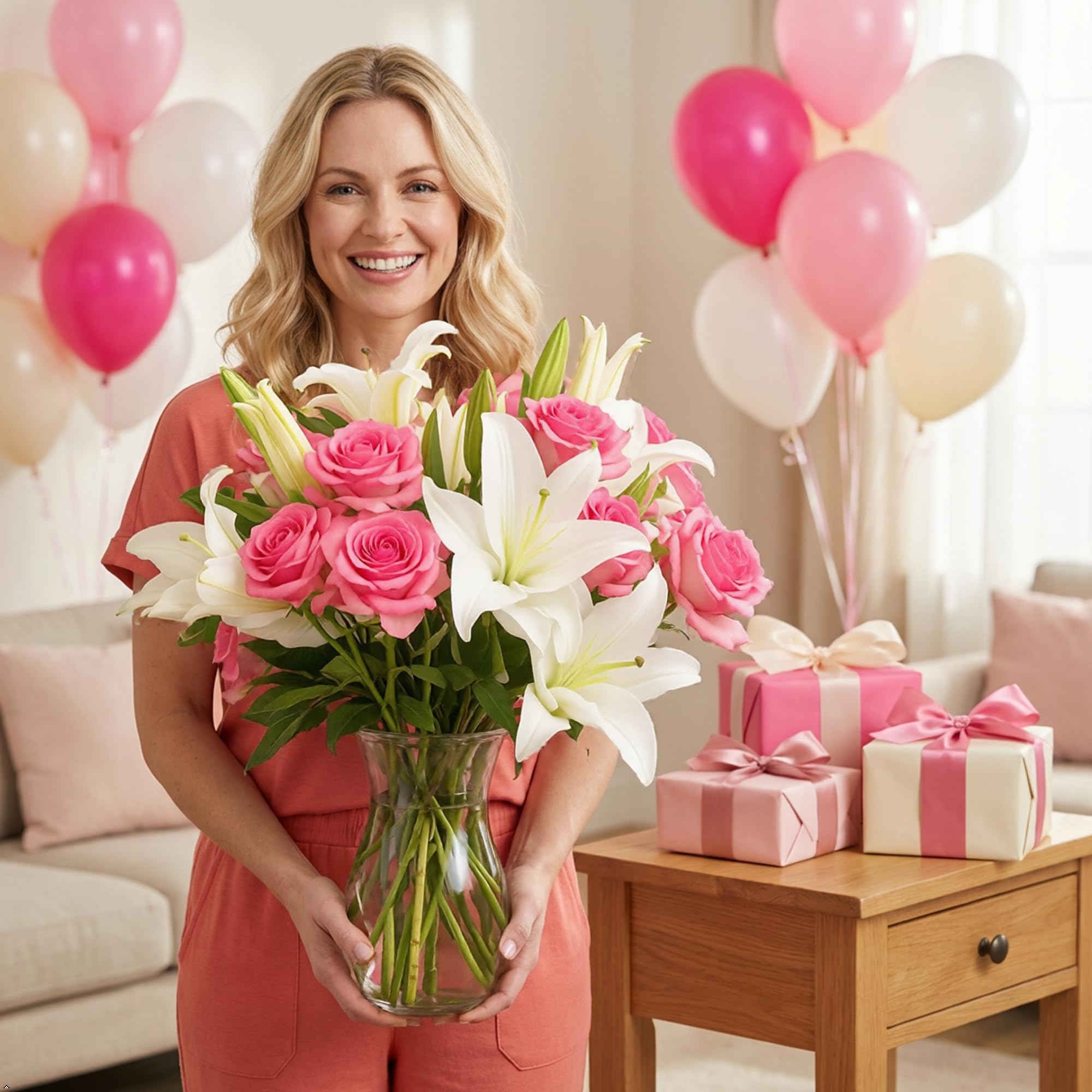 Benchmark Bouquets Oriental Lily & Pink Rose Bouquet – Real Fresh Flowers for Delivery – Mothers Day Flowers for Mom – Long Stem Roses Fragrant Lilies – Gifts for Mom & Mother-in-Law – Vase Included